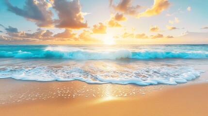 Panoramic seaside sunset, colorful sky, white foam waves on island beach natural scenic view