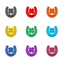  Horseshoe and clover icon isolated on white background. Set icons colorful