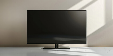 Black flat screen television is sitting on wooden table. Room is empty and television is only object in room