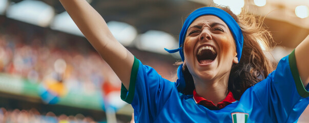 Italian football soccer female fan in a stadium supporting the national team, Squadra Azzurra
