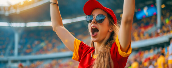 Belgian football soccer female fan in a stadium supporting the national team, Rode Duivels, Diables Rouges
 - obrazy, fototapety, plakaty
