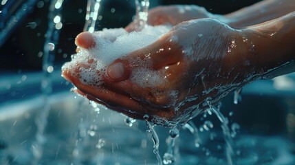 Fototapeta premium Person is washing their hands in sink with water. Water is clear and person's hands are covered in soap
