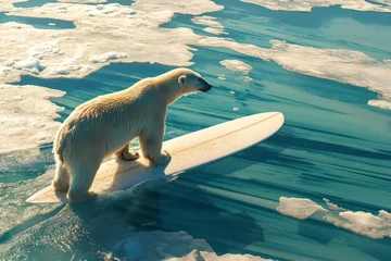 Fototapeten polar bear and surfing, polar bear in the water, surfer, surf, leisure, energy, power, cool, watersports © Sergei