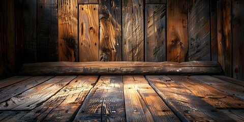 Rustic wood panels on aged floor creates vintage setting with nostalgia. Concept Vintage Aesthetics, Rustic Wood, Aged Floor, Nostalgic Setting, Visual Contrast - obrazy, fototapety, plakaty