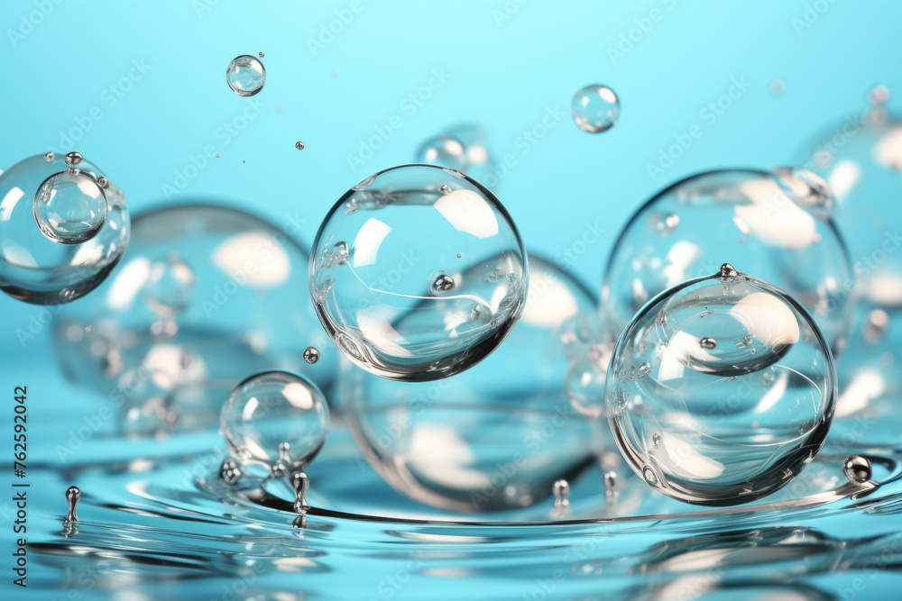 Poster splash of water with many clear bubbles floating on top. bubbles are of different sizes and are scat