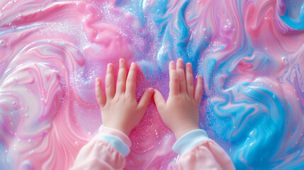 Child's hands touching a colorful, glittery slime on a smooth surface, exploring textures