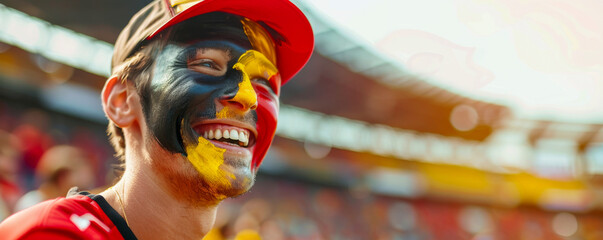 Happy Belgian male supporter with face painted in German flag german flag consists of A tricolour of black, yellow, and red, Belgian male fan at a sports event such as football or rugby match - obrazy, fototapety, plakaty