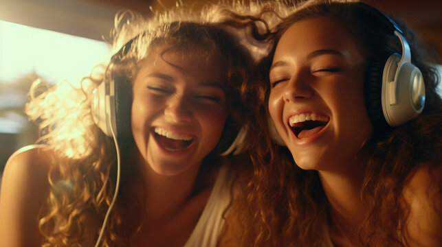 Two women wearing headphones and smiling. Scene is happy and lighthearted. Concept of image is that of two friends enjoying music together