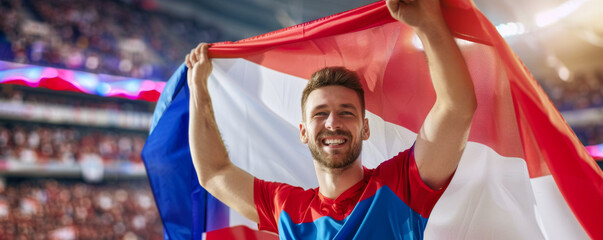 Happy Czech male supporter with Czech republic flag, Czech male fan at a sports event such as football or rugby match, blurry stadium background, copy space - obrazy, fototapety, plakaty