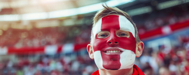 Happy Danish male supporter with face painted in Danish flag consists of A white Nordic cross with a red background, Danish male fan at a sports event such as football or rugby match - obrazy, fototapety, plakaty