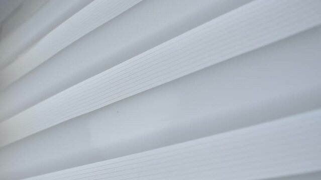 There are white fabric roller blinds on the window. Roller blinds drawn