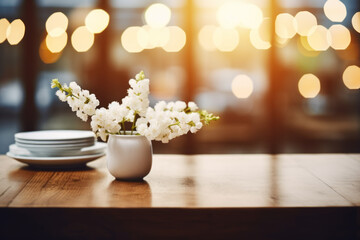 Fototapeta na wymiar Vase of white flowers sits on wooden table. Table is covered with white plates and bowl. Scene is simple and elegant