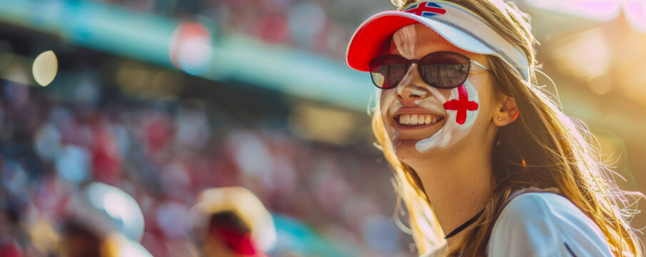 Happy English female supporter with face painted in English flag consists of a white field (background) with a red cross, English female fan at a sports event such as football or rugby match