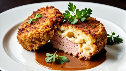 Close-up of a golden-brown croquette