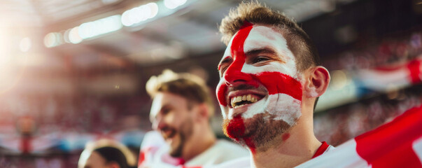 Happy English male supporter with face painted in English flag consists of a white field (background) with a red cross, English male fan at a sports event such as football or rugby match - obrazy, fototapety, plakaty