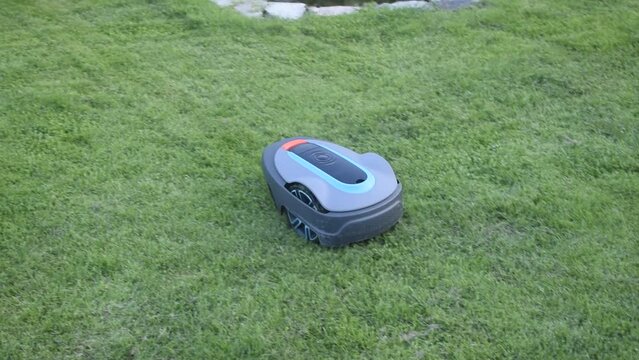 The lawnmower robot mows the grass in the garden.