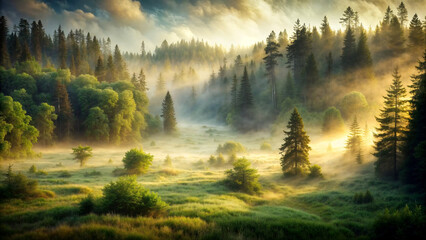 Early summer mist in a sunlit forest. An image perfect for nature themes, wellness and eco-campaigns - obrazy, fototapety, plakaty