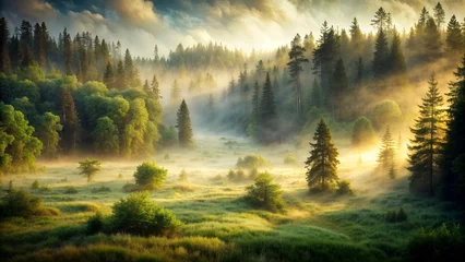 Fotobehang Early summer mist in a sunlit forest. An image perfect for nature themes, wellness and eco-campaigns © Olga