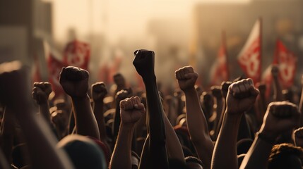 An impactful scene portraying a powerful rally with clenched fists and banners, highlighting the spirit of resistance and unity in the face of societal challenges - obrazy, fototapety, plakaty