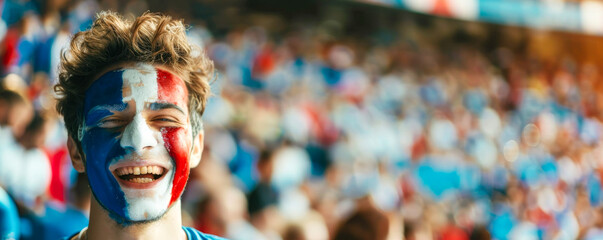 Happy French male supporter with face painted in French flag displaying the country's national colours: blue, white, and red, French male fan at a sports event such as football or rugby match