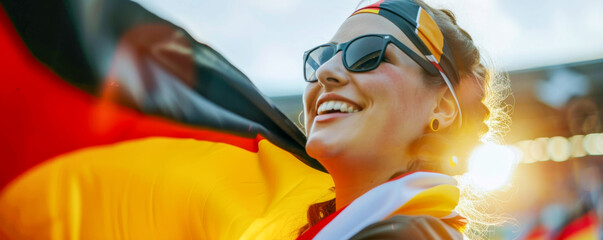 Happy German female supporter with German flag, German female fan at a sports event such as football or rugby match, blurry stadium background, copy space