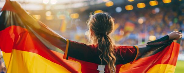 Happy German female supporter with German flag, German female fan at a sports event such as...