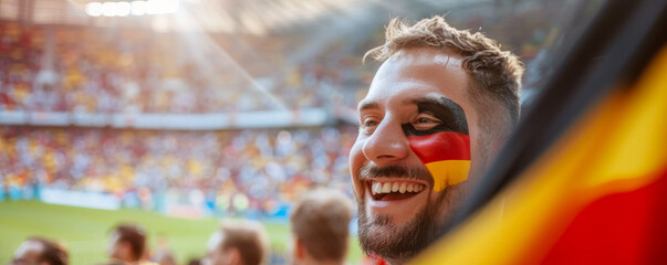Happy German male supporter with face painted in German flag german flag consists of A horizontal tricolour of black, red, and gold, German male fan at a sports event such as football  - obrazy, fototapety, plakaty