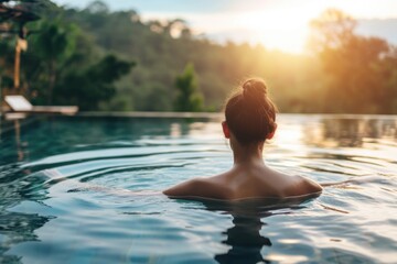 Woman is swimming in pool with her hair in bun. Water is calm and sun is shining brightly. Concept of relaxation and leisure