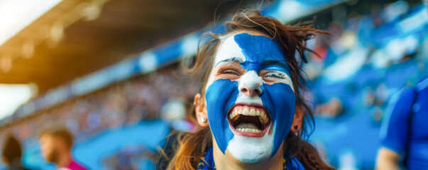 Happy Scottish female supporter with face painted in scotland flag which consists of a white...