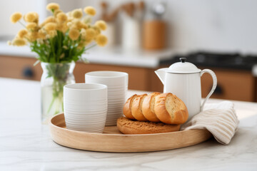 Tray of bread and coffee sits on counter with vase of flowers in background. Concept of warmth and comfort, as bread and coffee are often associated with relaxation and enjoyment