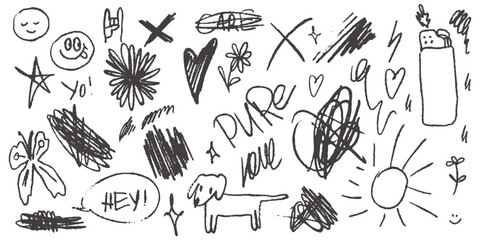 Chalk scribble doodle elements set for poster, social media. Crayon handwritten doodles. Rough hand drawn marker sketch with brush grunge texture. Vector illustration of kids or teens pencil drawing.