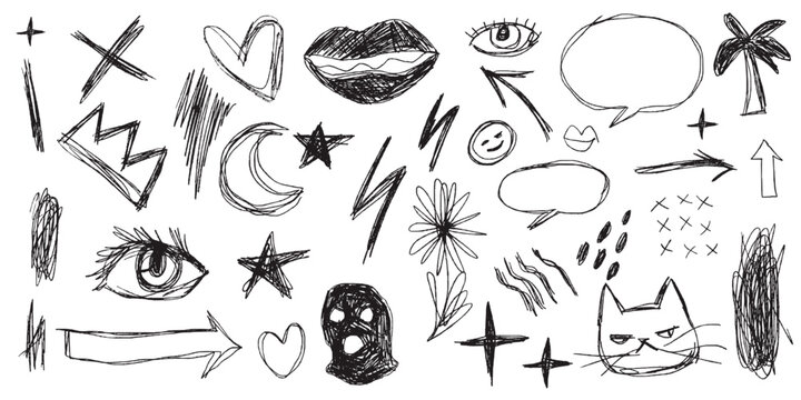 Chalk scribble doodle elements set for poster, social media. Crayon handwritten doodles. Rough hand drawn marker sketch with brush grunge texture. Vector illustration of kids or teens pencil drawing.