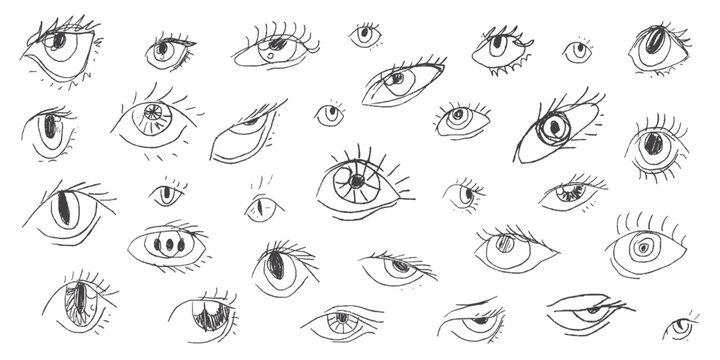 Chalk handwritten scribble doodle eyes set for poster, placard or social media design. Rough crayon hand drawn marker sketch with grunge texture. Vector illustration of kids or teens pencil drawing.
