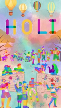 A vertical social media animation short video reel of people celebrating Festival Holi, full of colour, shows people of all ages enjoying playing with colour. hot air balloon flying in the sky.