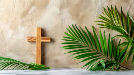 Palm Sunday theme: wooden cross and green palm leaves on background of plastered painted beige wall with place to copy the text. Religion, faith, Christianity. Concept of Holy Week. Copy space.