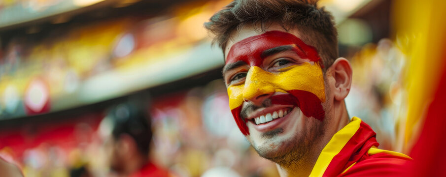 Happy Spanish male supporter with face painted in Spanish flag, red and yellow. Spanish male fan at a sports event such as football or rugby match, blurry stadium background, copy space