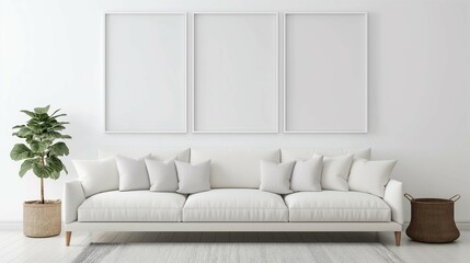 Fototapeta na wymiar High quality wall art frame mockup. Modern white style. Home living room interior design.3d rendering 
