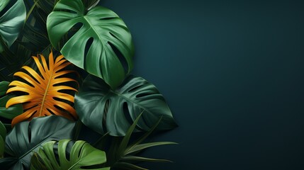 Minimal green background with tropical leaves in vibrant color