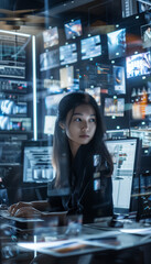 An Asian woman writing code or hacking in a control room surrounded by computer screens and projections 
