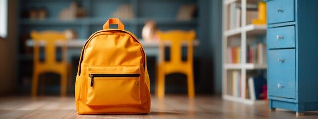 A child's backpack and a blurry children's room in the background