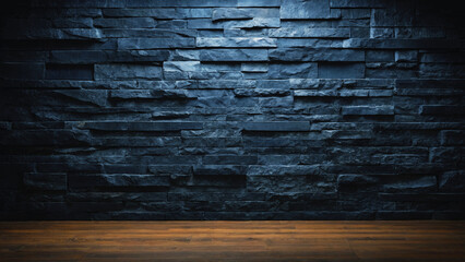 Background and texture of black and blue stone brick and wooden floor with light illuminated in places. 