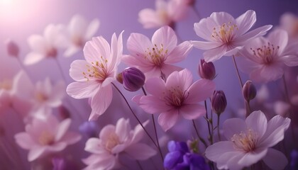 Picture a close-up shot of blooming flowers, bathed in the gentlest shades of pink and purple, their delicate petals displaying an intricate dance of colors.