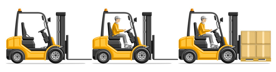Vector illustration of Forklift Trucks, set of profile side view empty commercial forklift for logistic company and yellow forklift loader with post parcels under control of driver on white background