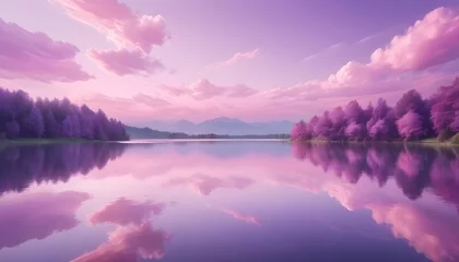 Fototapeten Imagine a picturesque scene of a tranquil lake reflecting a mesmerizing blend of pastel pink and purple hues, perfectly mirroring the sky above. © Zulfi_Art