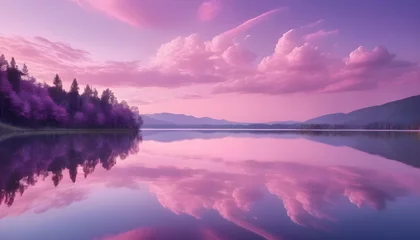 Gordijnen Imagine a picturesque scene of a tranquil lake reflecting a mesmerizing blend of pastel pink and purple hues, perfectly mirroring the sky above. © Zulfi_Art