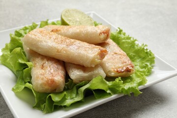 Delicious fried spring rolls on grey table, closeup