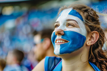 Happy Scottish female supporter with face painted in scotland flag which consists of a white saltire defacing a blue field, Scottish female fan at a sports event such as football or rugby match - obrazy, fototapety, plakaty