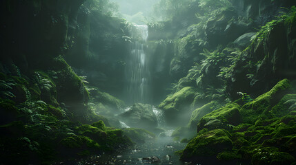 Beautiful waterfall in the green forest with misty foggy morning