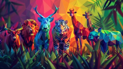 Artistic low poly background featuring geometric animals in vibrant ecosystem - obrazy, fototapety, plakaty