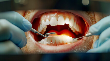Dentist examining patient's teeth in dental clinic. Dentistry concept - obrazy, fototapety, plakaty